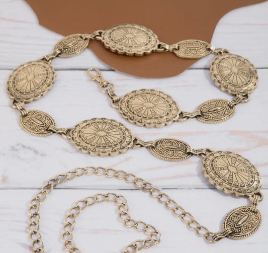 Ornate Oval Western Concho Disc Chain Belt