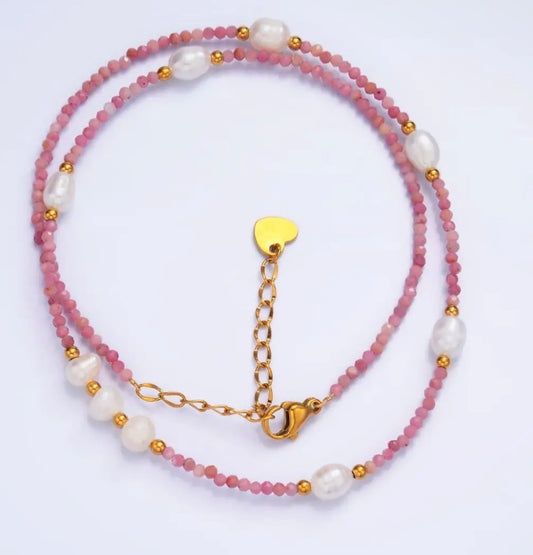 Stainless Steel Shell Pearl Pink Gemstones Natural Choker 15in