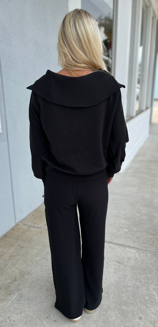 Ribbed High Neck Half Zip Top & Pants SET, Black