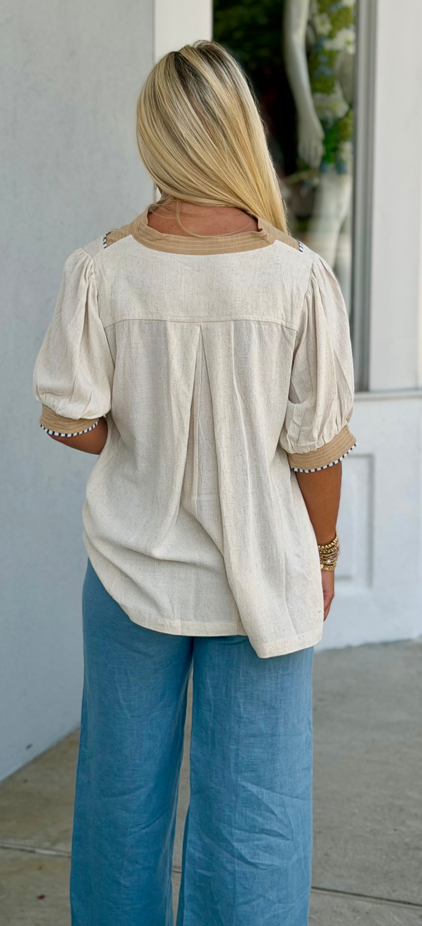 Linen Blend Trim Top, Oatmeal