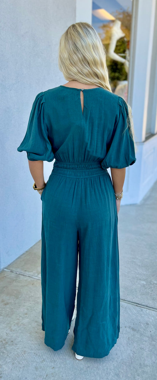 Slate Green Smocked Waist Jumpsuit