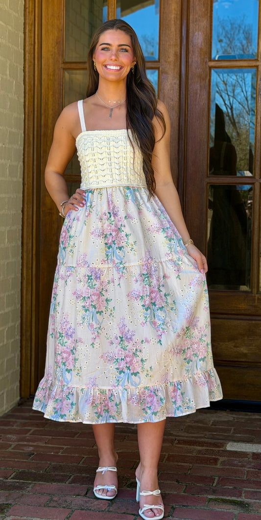 Cream/Pink Crochet Midi Eyelet Dress