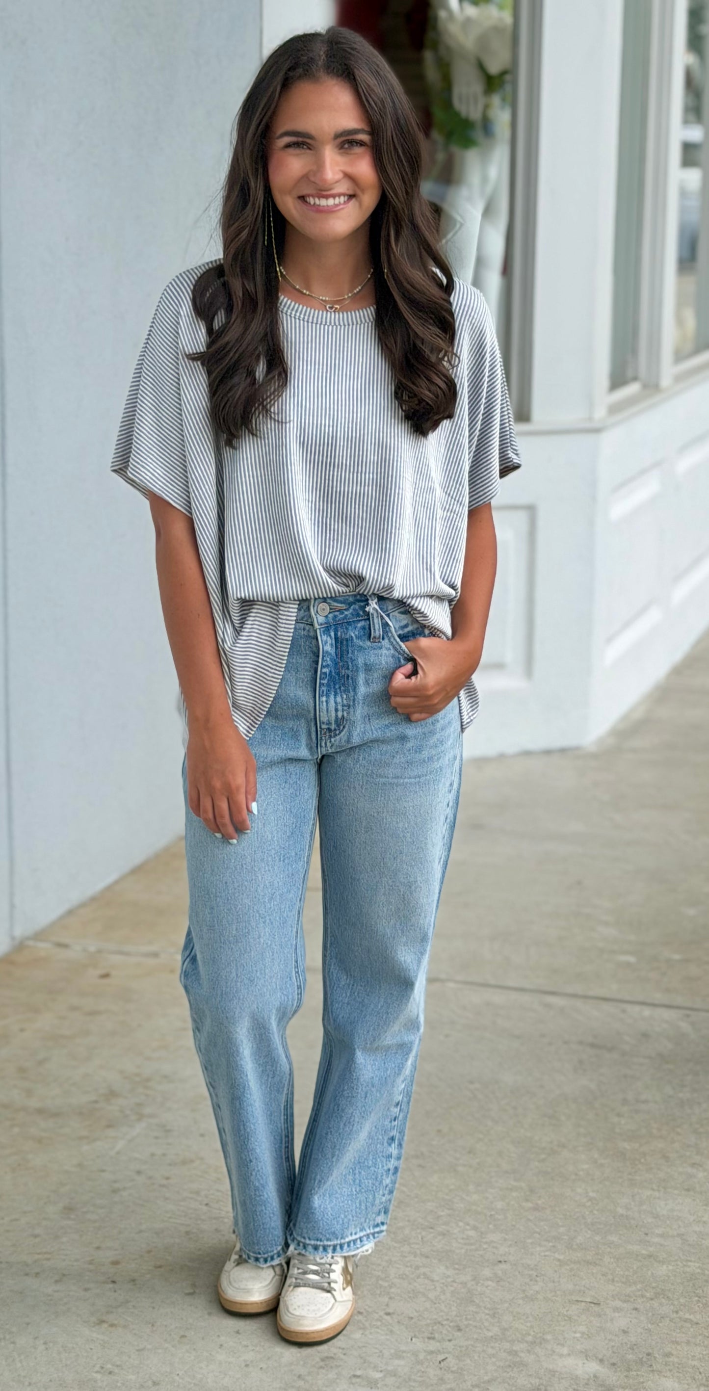 Ribbed Striped Oversized Top, Sleet