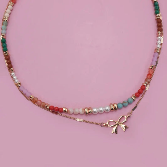 Multi Beaded Bow Charm Double Layer Necklace