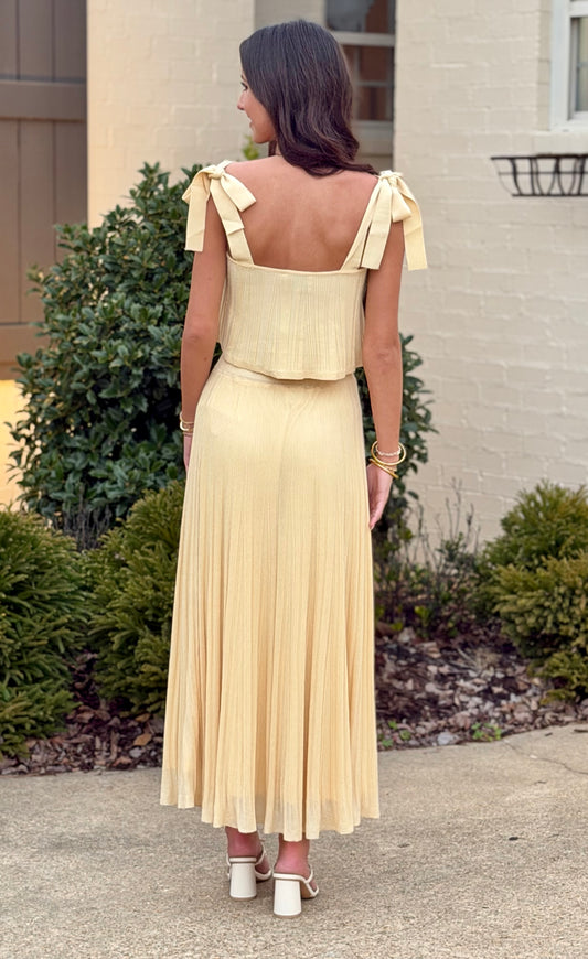 Yellow Pleated Knit Top And Midi Skirt SET