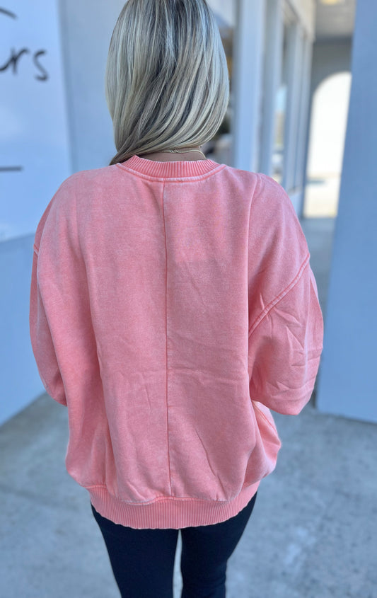 Acid Wash Fleece Pullover, Coral