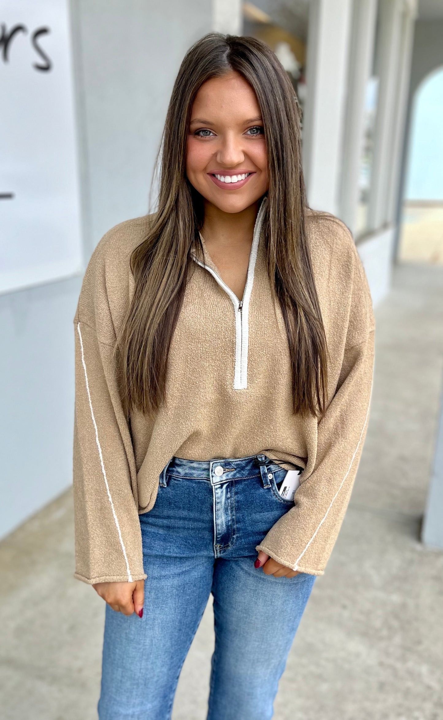 Half Zip Mock Neck Sweater, Sand