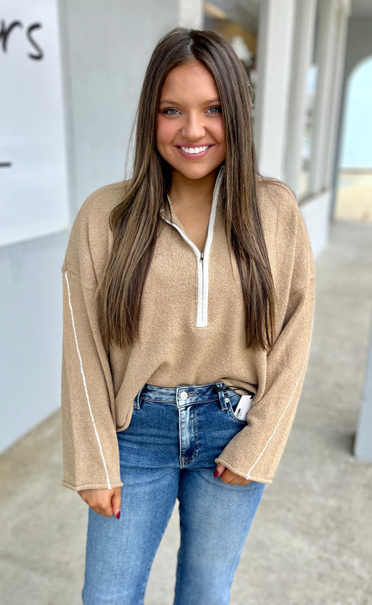 Half Zip Mock Neck Sweater, Sand