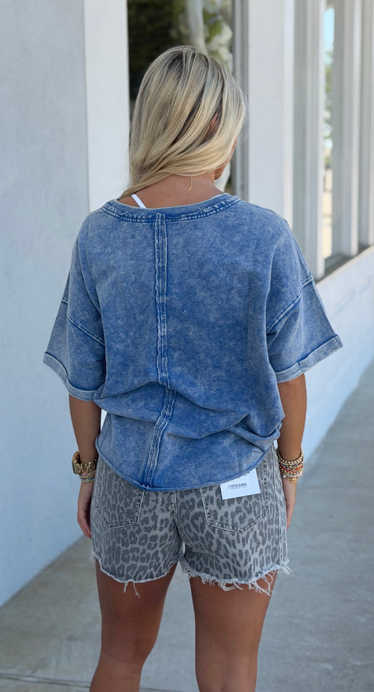 French Terry Acid Wash Tee, Classic Blue