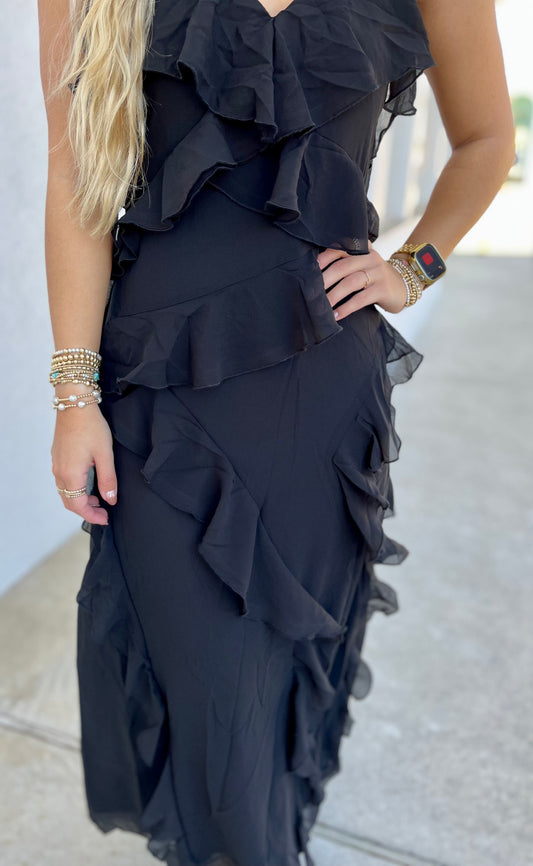 Black Layered Ruffle Detail Midi Dress