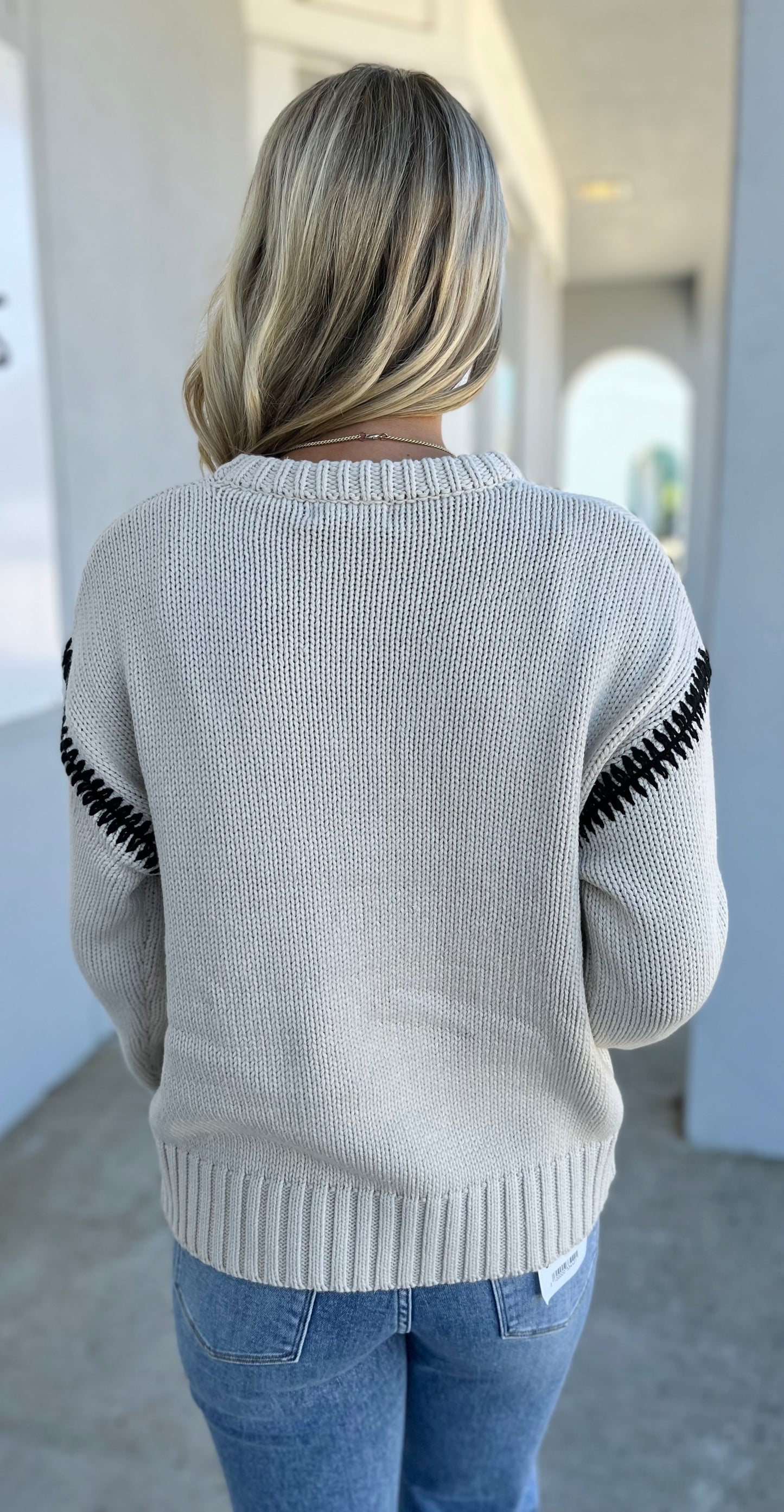 Oatmeal Crewneck Sweater With Black Seam