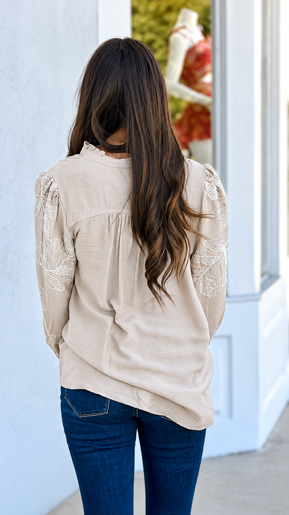 Tan Button Down Embroidered Sleeve Top