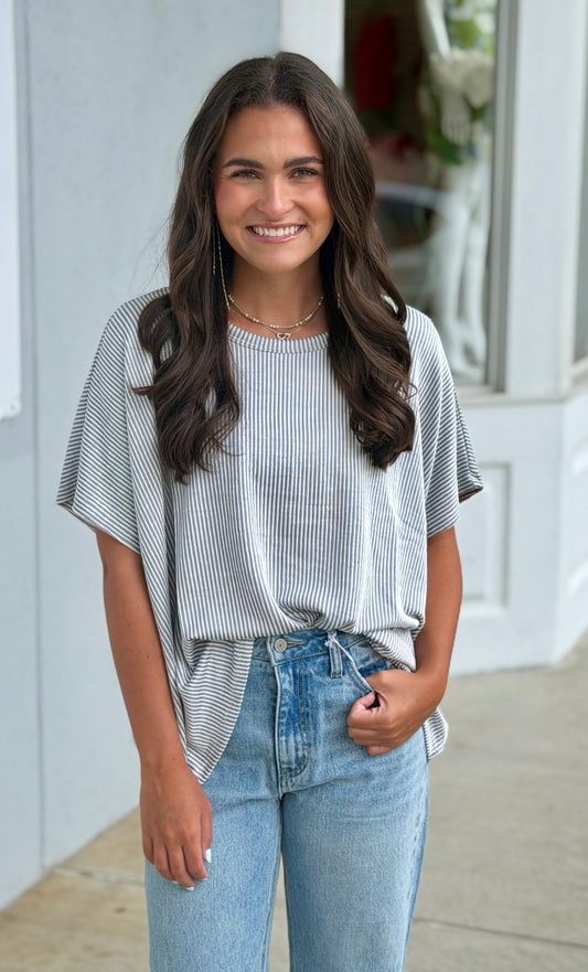Ribbed Striped Oversized Top, Sleet
