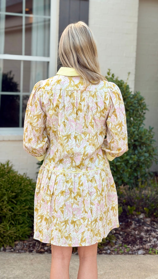 Avocado Stripe Detail Button Floral Dress