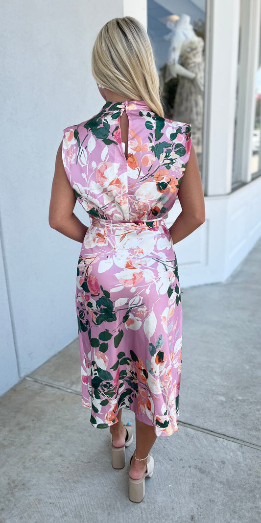 Pink Mock Neck Sleeveless Midi Dress