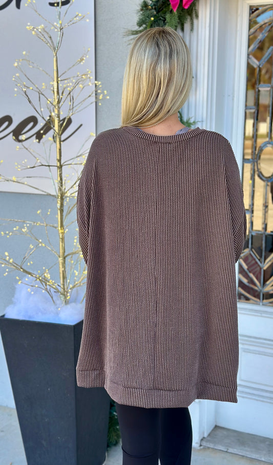 Brown Ribbed Contrast Thread Sweater