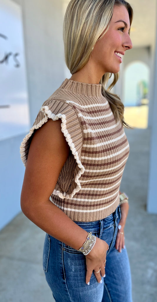 Striped Mock Neck Sweater Vest, Brown