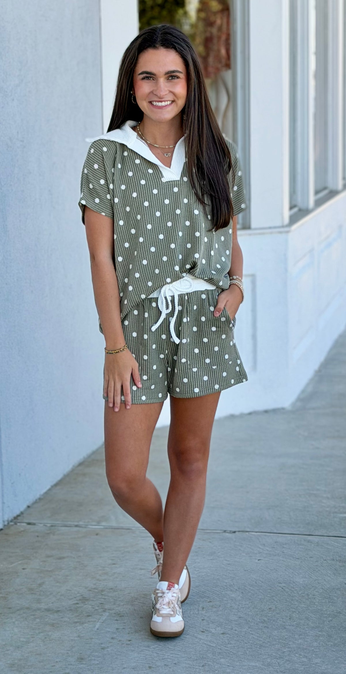 Polka Dot Collared Top & Shorts SET, Lt Olive