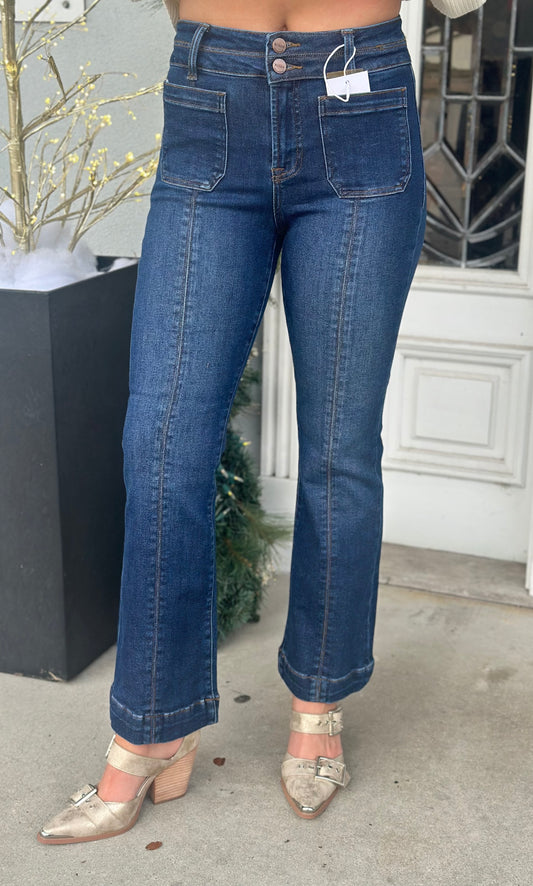 Dark High Rise Ankle Bootcut Double Waist Band Jeans