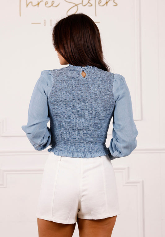 Washed Chambray Smocked Bodice Top