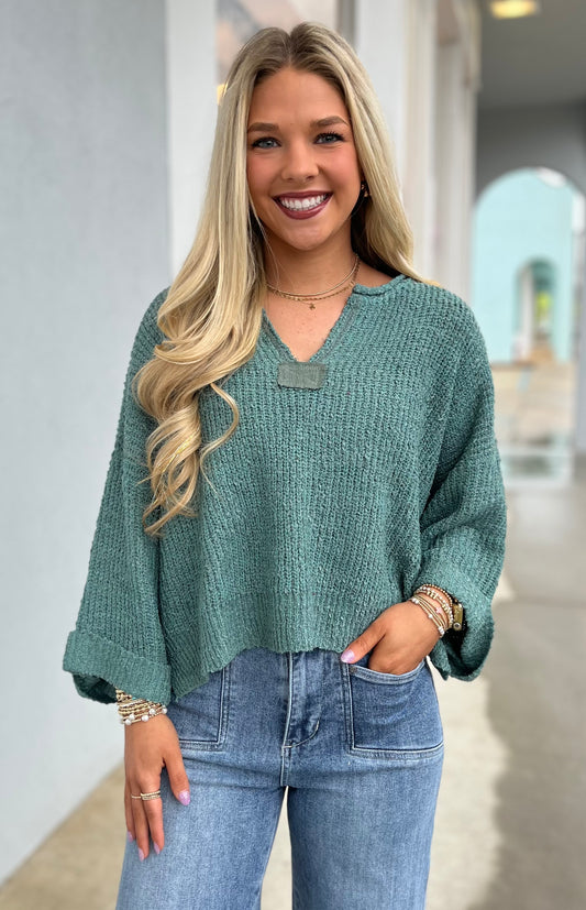 Low Gauge Quarter Sleeve V Neck Sweater