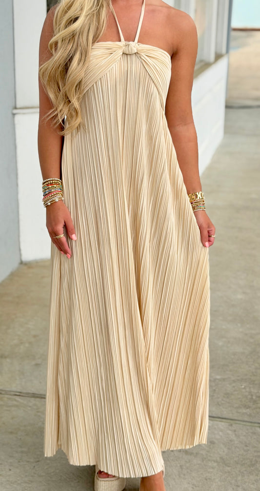 Champagne Halter Neck Flowy Maxi Dress