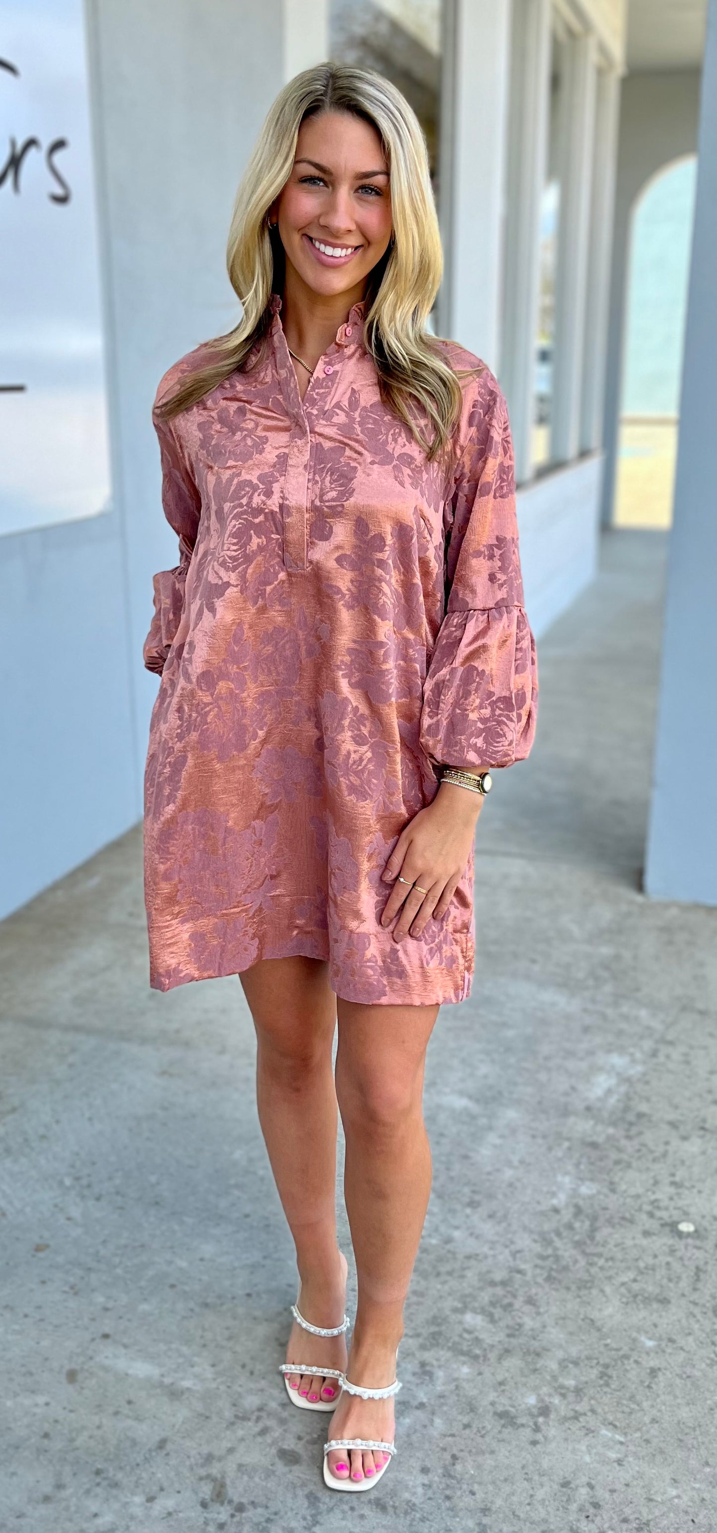 Rose Ruffled Neck Bubble Sleeve Dress