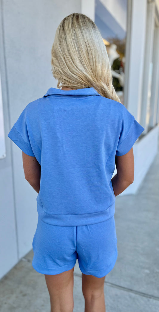 Scuba High Neck Half Zip Top & Shorts SET, Cornflower Blue