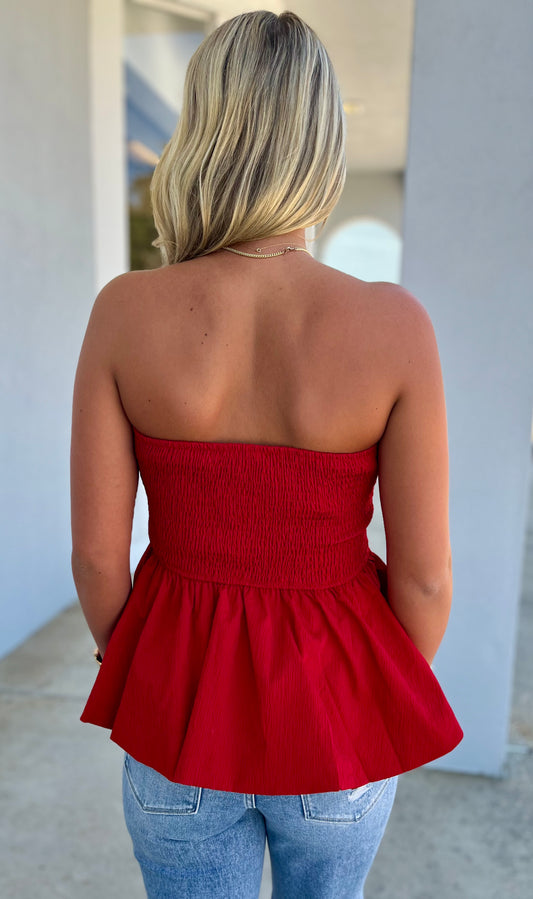 Red Ruched Bodice Strapless Peplum Top