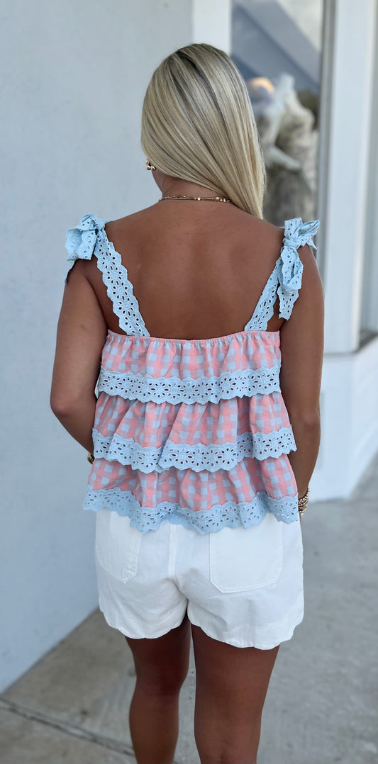Gingham Tiered Lace Trim Top