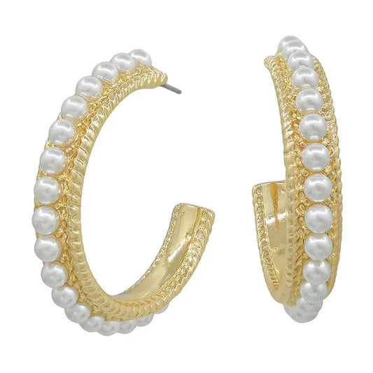 Gold Textured 1" Hoop with Pearls