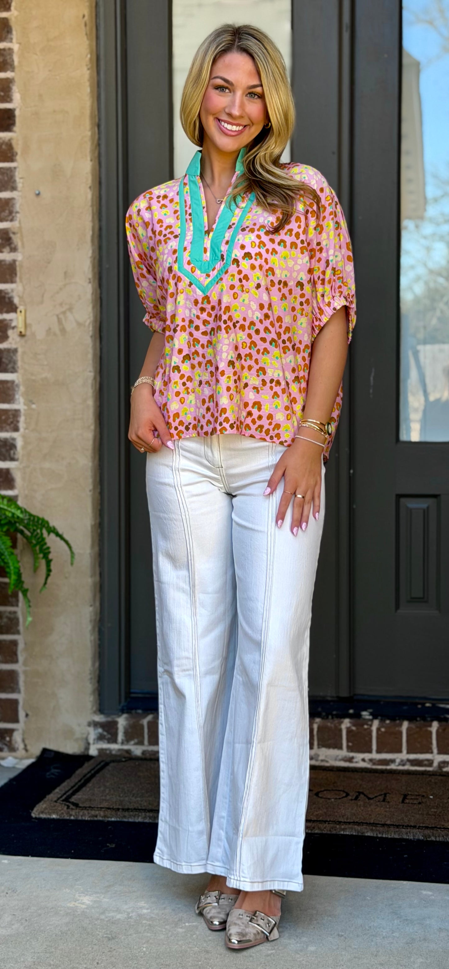 Blush Printed Contrast Trim V Neck Top