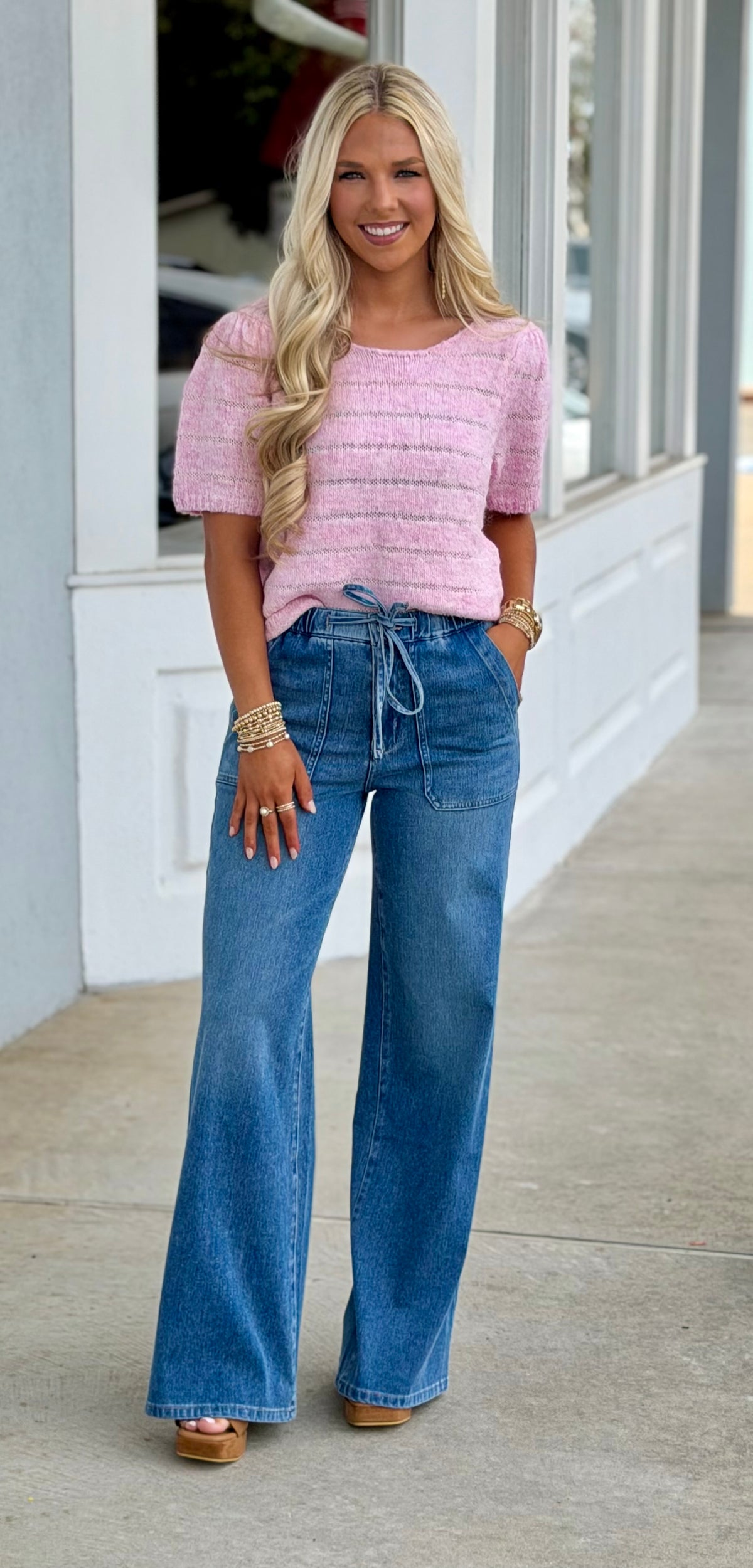 Fuzzy Sweater Stripe Seam Top, Lt Pink