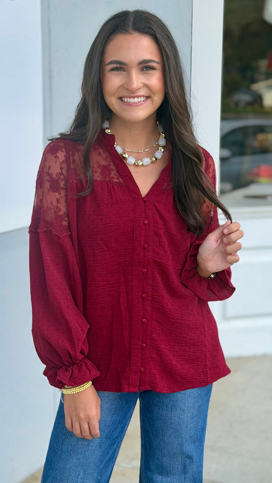 Lace Contrast Button Down Blouse, Maroon