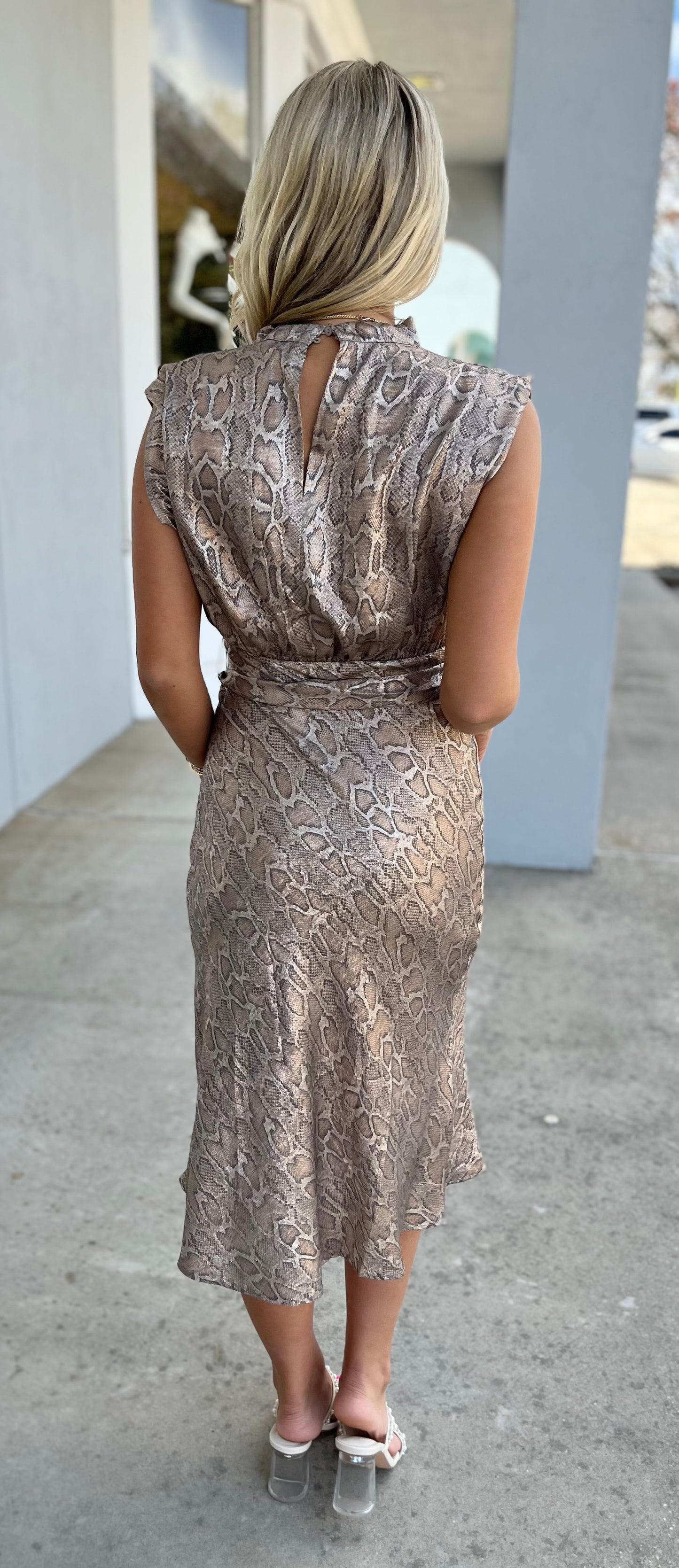 Snake Print Mock Neck Midi Dress