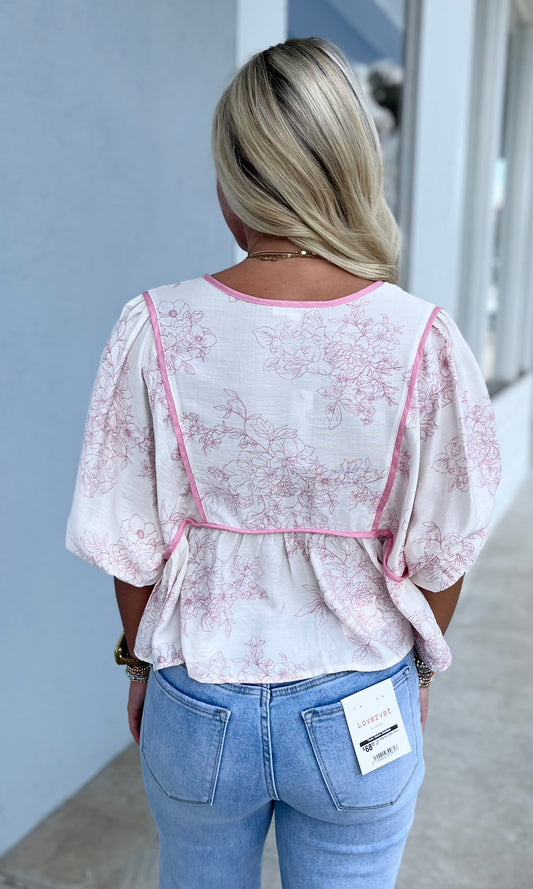 Floral Print 3/4 Sleeve Binding Blouse