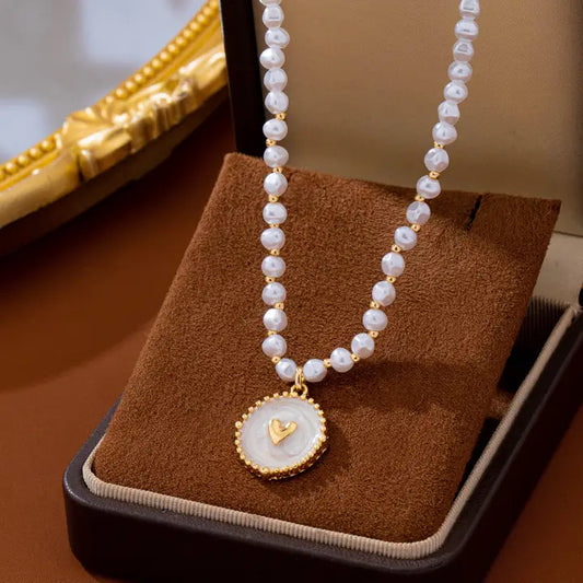 Pearl Beaded Enamel Heart Charm Necklace
