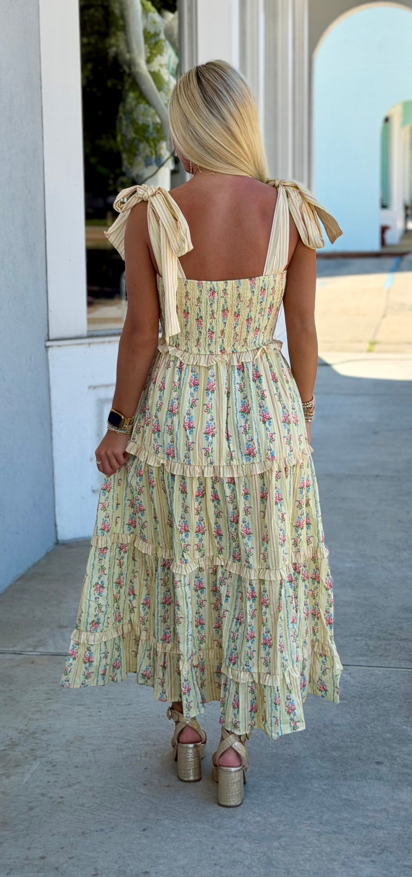 Light Yellow Multi Stripe Floral Print Bowtie Tier Maxi