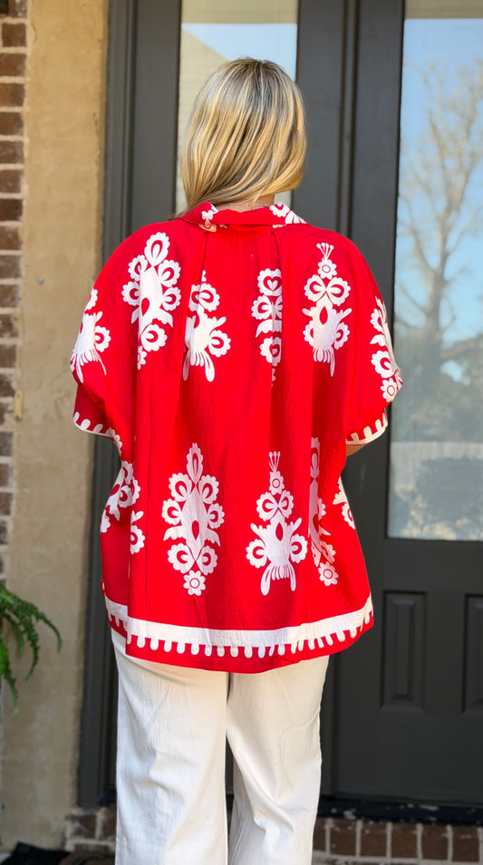 Cherry Red Abstract Print Button Down Top