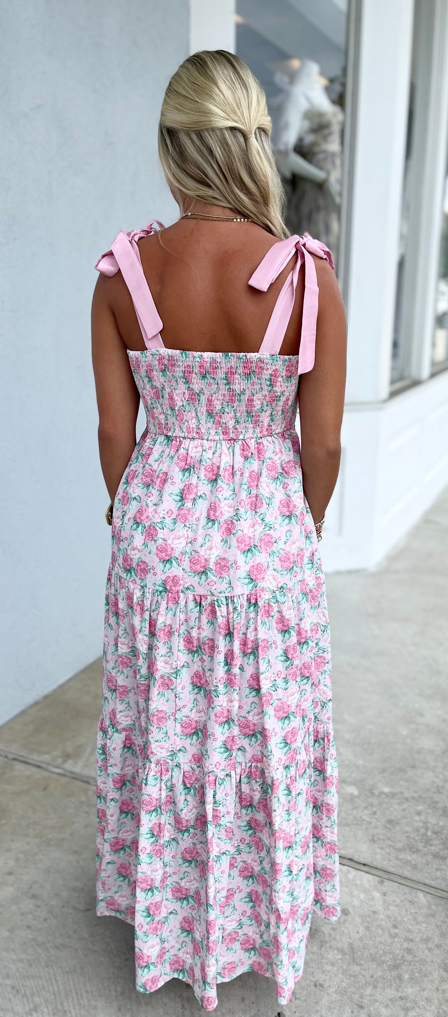 Floral Smocked Bodice Self Tie Midi Dress