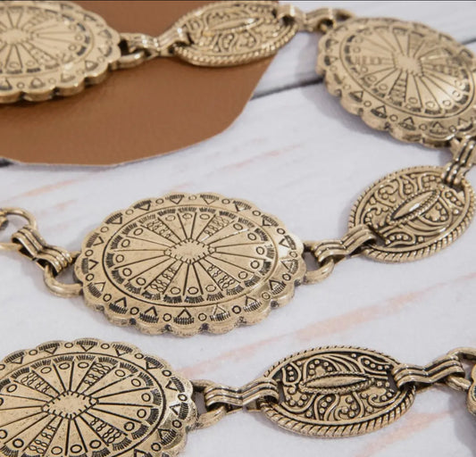 Ornate Oval Western Concho Disc Chain Belt
