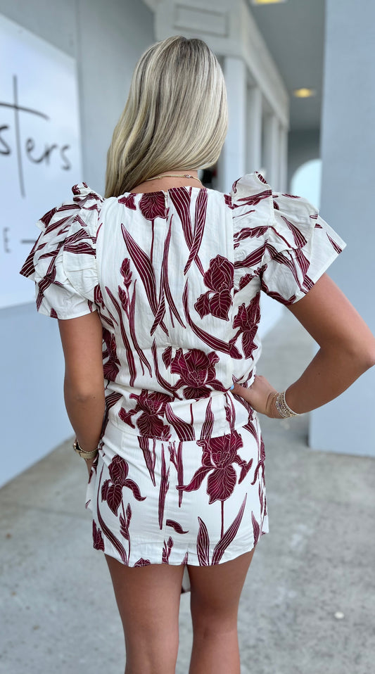 Burgundy Floral Front Tie Mini Skirt
