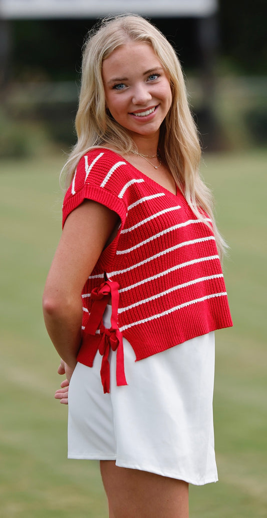 Striped Side Tie Sweater Vest, Red/White