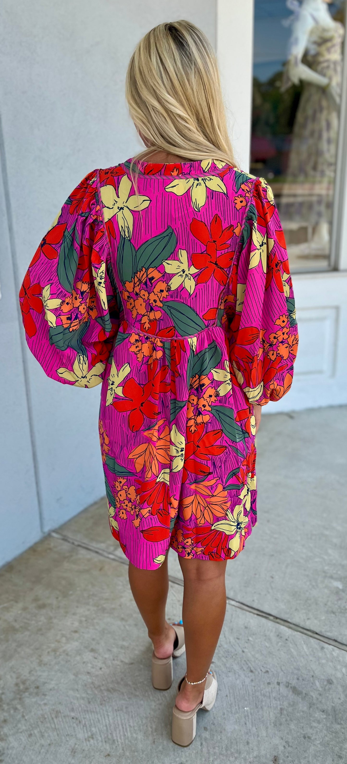 Floral Tie Dress, Neon Pink