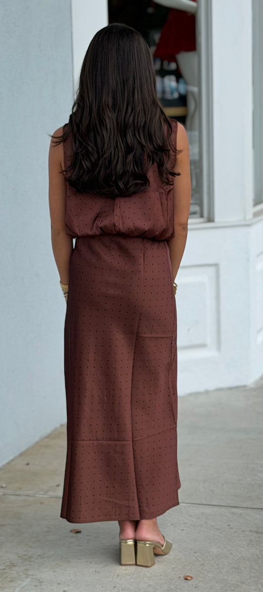 Mocha Mock Neck Sleeveless Polka Dot Top