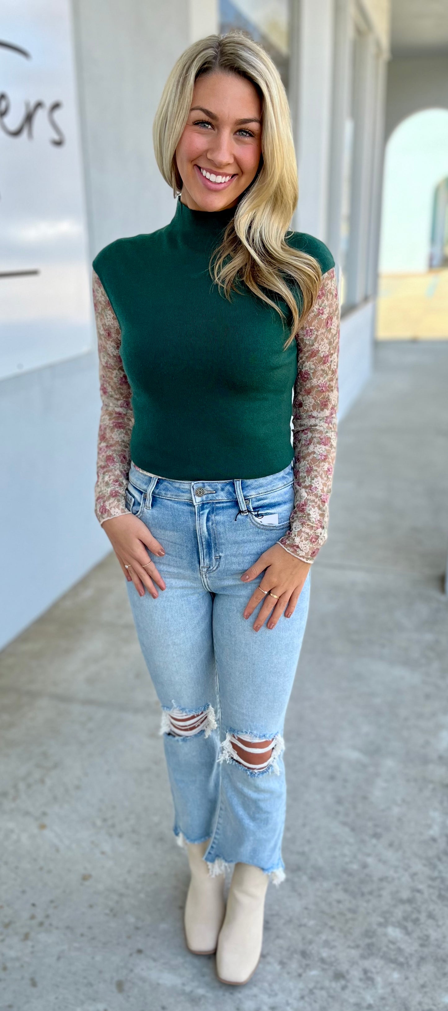 High Neck Sweater Top , Green