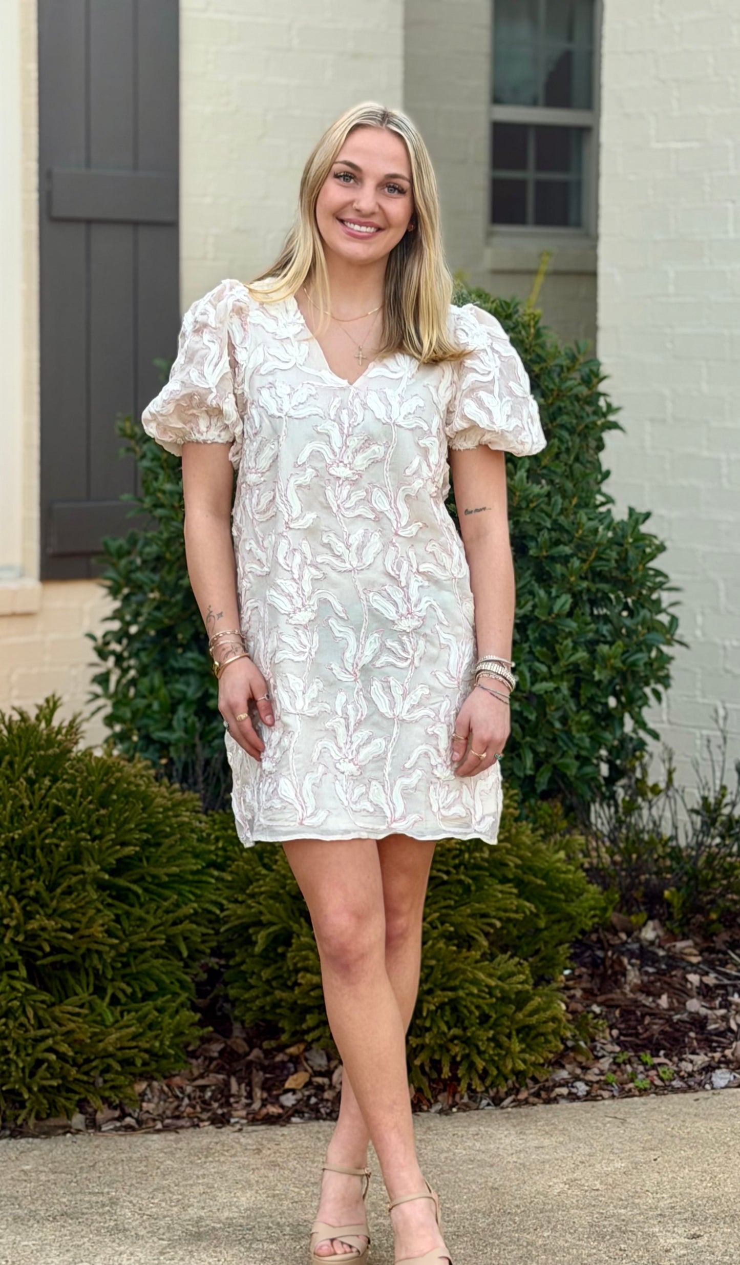 Cream/Pink Floral Design Dress