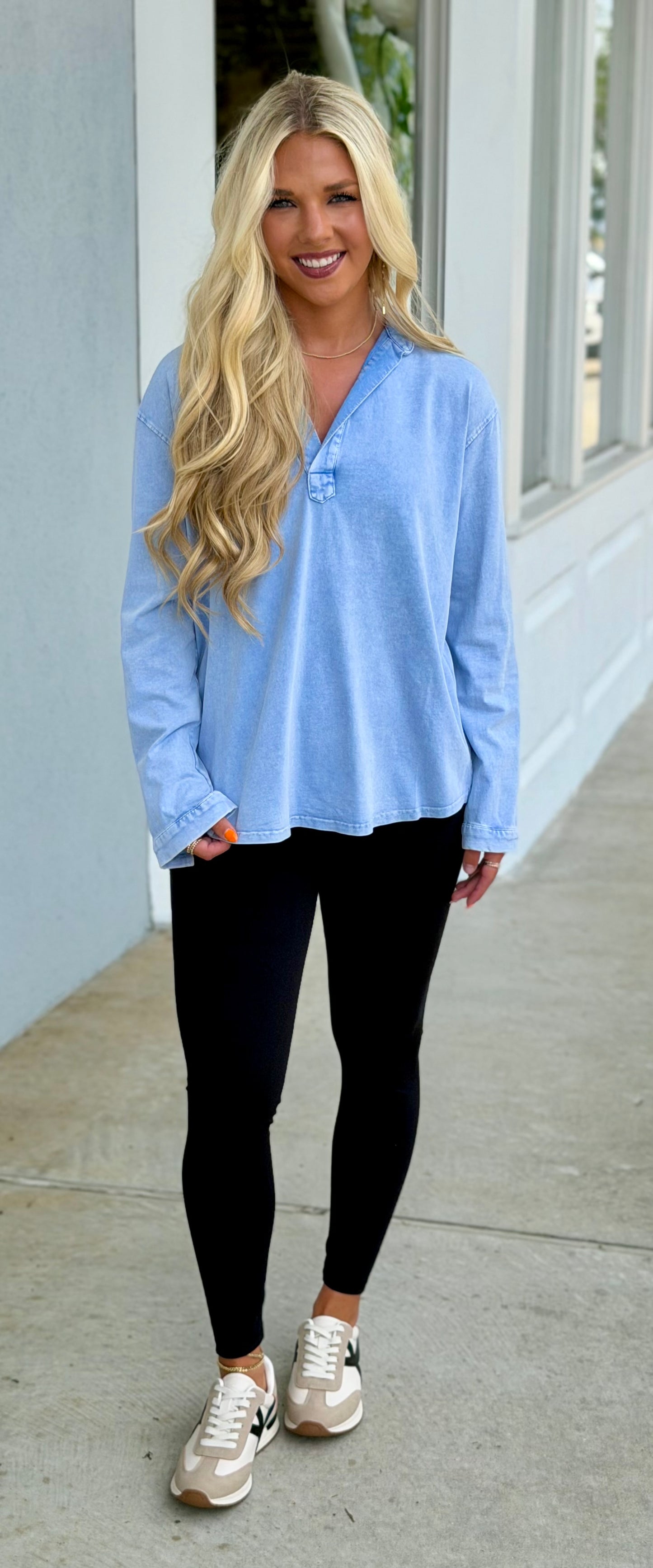 Mineral Washed Knit Collar Top, Blue