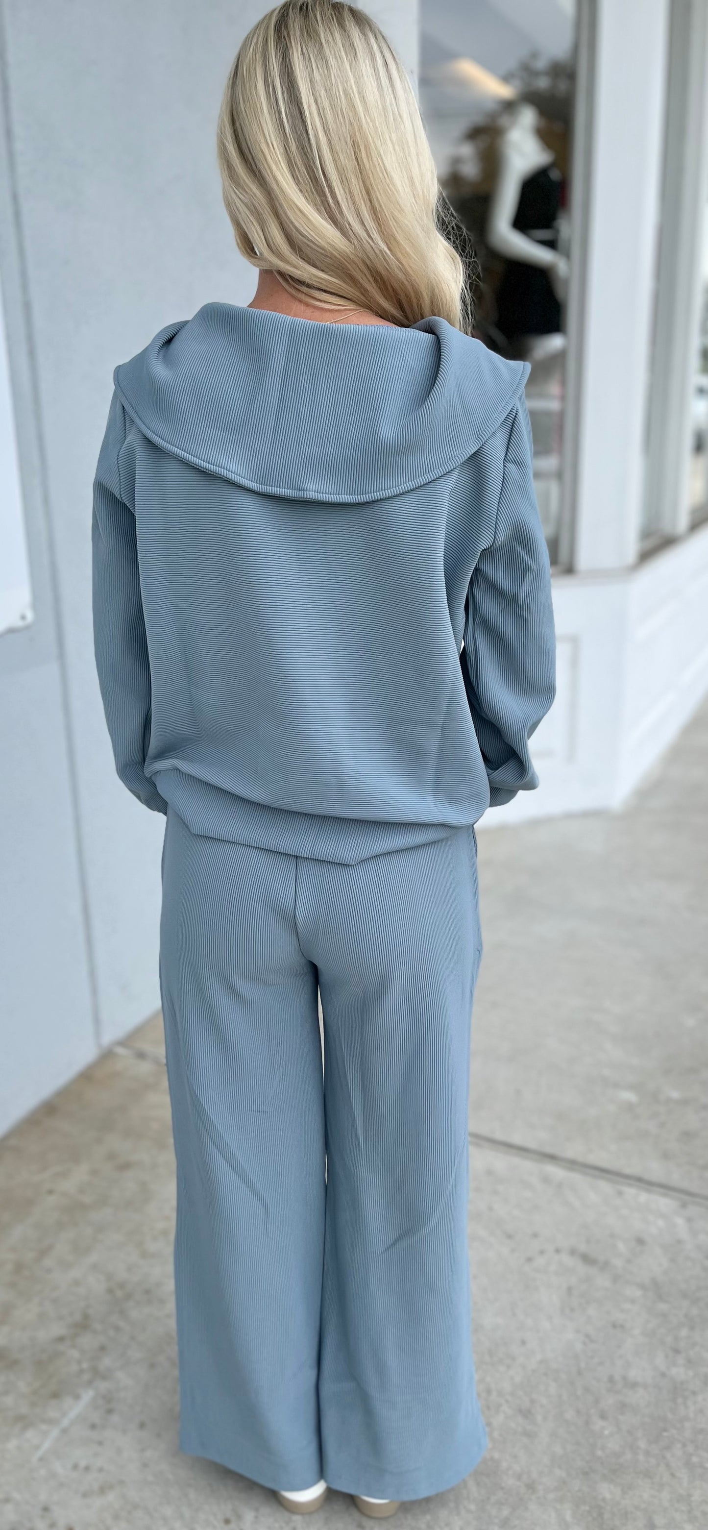 Ribbed High Neck Half Zip Top & Pants SET, Blue Grey