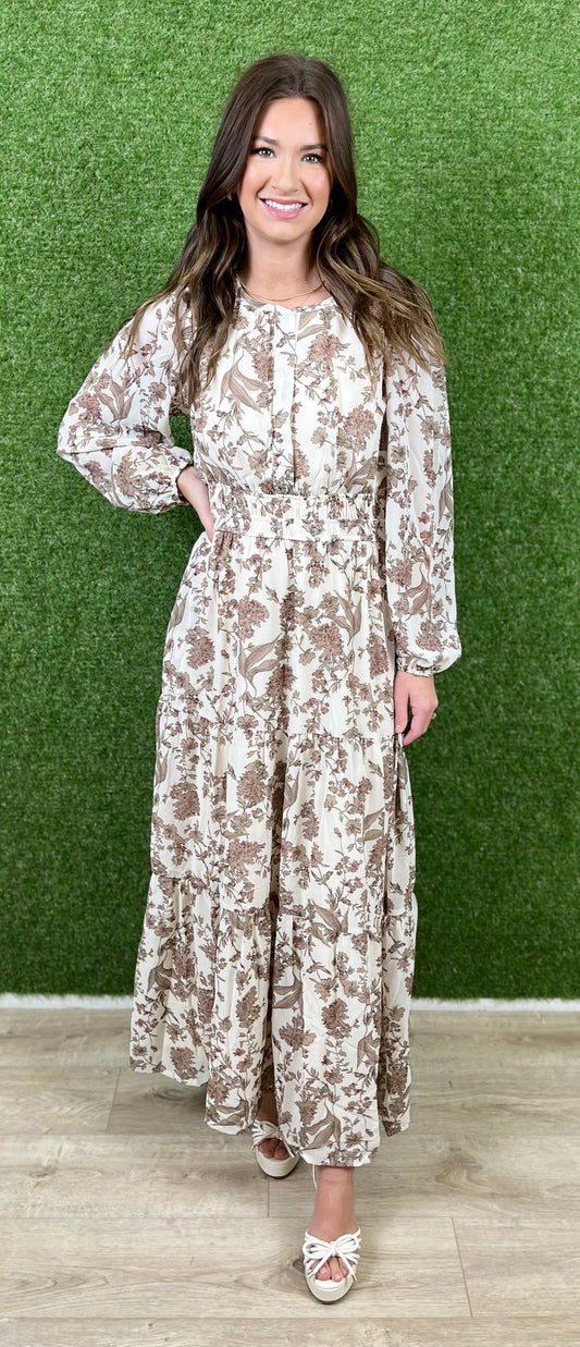 Cream Print Tiered Maxi Dress With Pockets